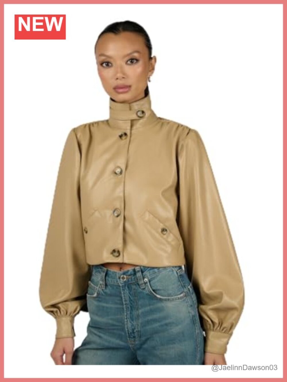 Women's Balloon Sleeve Jacket Polyurethane Button Mockneck Roll Up Sleeve